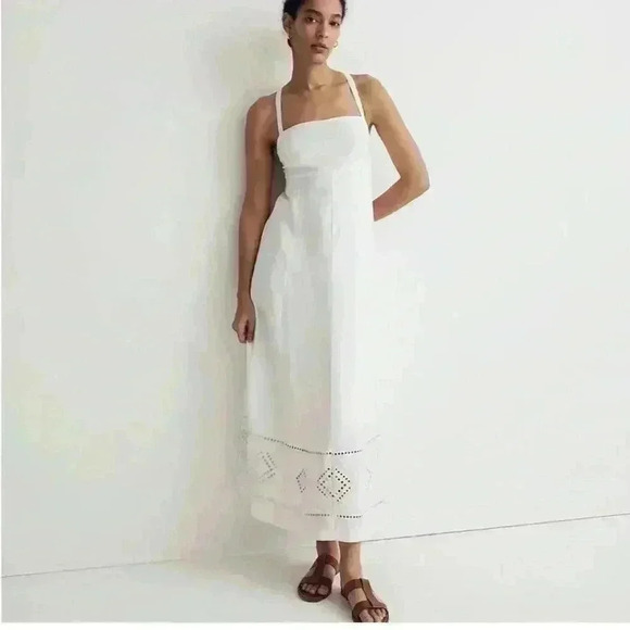 Madewell White Eyelet Tie-Back‎ Midi Dress Cotton Summer Embroidered Size 14 - Picture 1 of 5